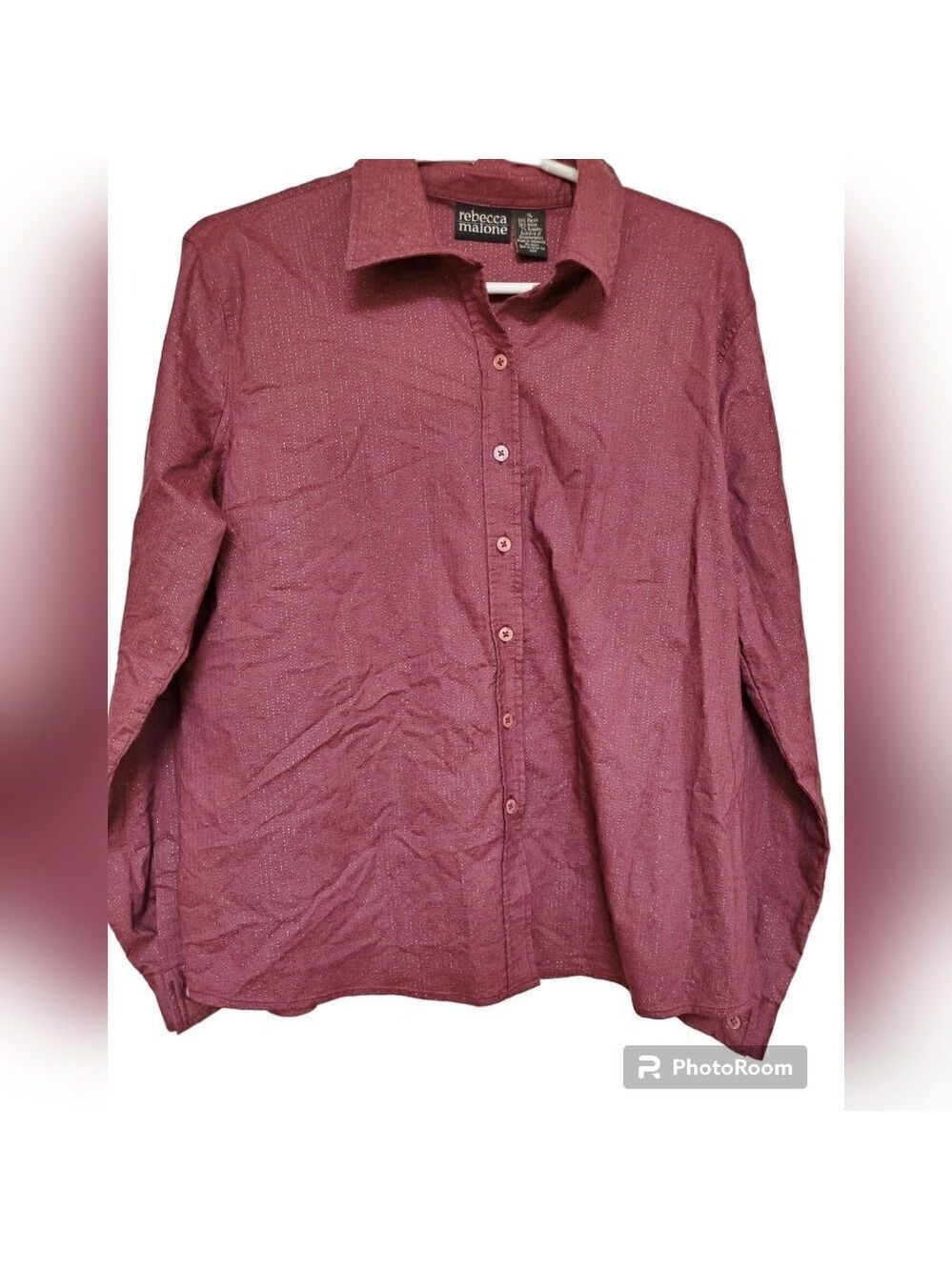 Rebecca Malone Metallic Shimmer Button Up Blouse XL Purple Office Career Top